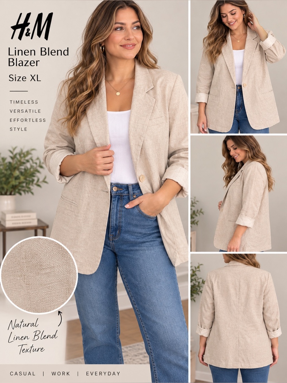 H&M Linen Blend Blazer Size XL Beige Oatmeal Oversized Relaxed Jacket